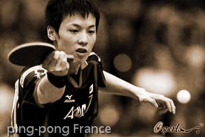 Kenta Matsudaira of Japan hits a backhand return to China's Ma Lin during the men's singles fourth round match at the World Table Tennis Championships in Yokohama, south of Tokyo, Japan, 02 May 2009.